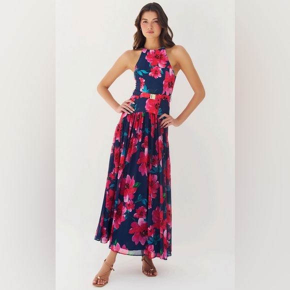 NWT Hutch Becker Dress in Navy/Raspberry Stretch Crepe / Chiffon Size Small